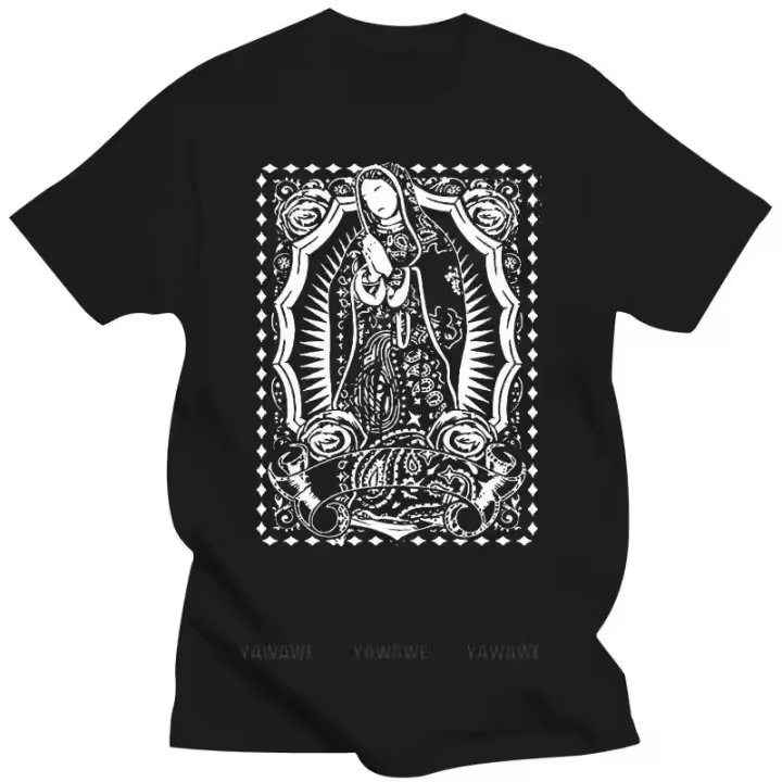 Camiseta De Verano Para Hombre Con Impresión Divertida Manga Corta Estampado De Virgen María Y Bandana Roja Estilo Cholo Chicano Arte De LA Sangre - 1