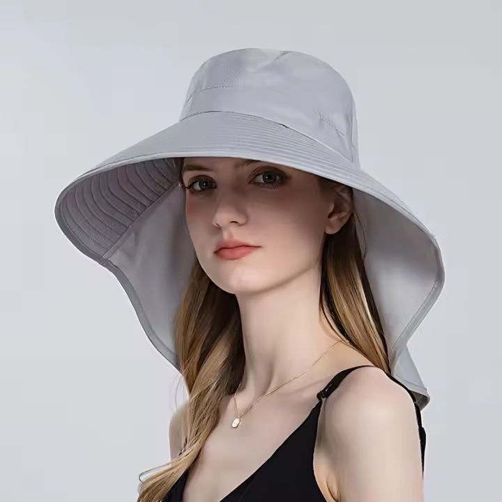 Gorro De Playa Para Mujer Con Cola De Caballo Protección Solar Sombrero De Pescar Al Aire Libre Con Protección Del Cuello Y Gran Alas Estilo Casual - 1