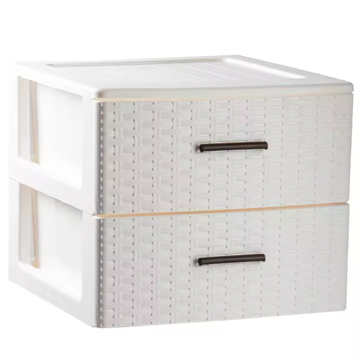 Tradineur - Cajonera de ordenación Rattan de plástico - 2 cajones - Torre de almacenaje multiusos, organizador auxiliar, almacenamiento, baño - 31,5 x 39,5 x 36,5 cm - Color Blanco Roto - 1