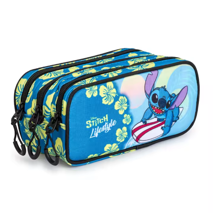 DISNEY Lilo y Stitch Kiss - Estuche Escolar Triple Portatodo Tres Cremalleras TRICK FAN Azul - 1