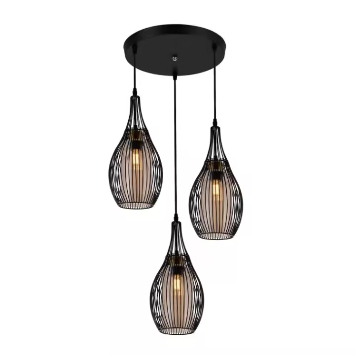 Lámpara colgante de techo de metal color negro y 3 tulipas de cristal. E27 40W. Ref. 8119-3 - 1