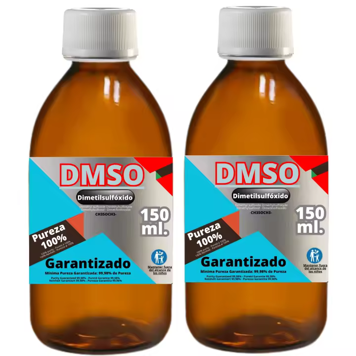 QWell® 2 X DMSO 150 ml. | Dimetilsulfóxido de Pureza Máxima: 99,98% | Calidad Europea Ph Eur (Pharmatical Europeam). | Envase: Vidrio de Laboratorio de Gran Dureza Reutilizable | Con Precinto de Seguridad, Gotero y Vaso Dosificador de Regalo. - 1