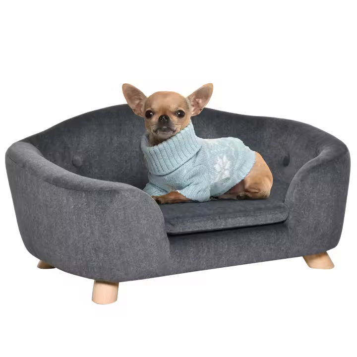 PawHut Sofá para Mascotas Alfombra para Perros Cama para Perros Sofá para Perros Sofá para Perros Sofá para Gatos con Cojín Bolsillo Trasero Espuma de Felpa Madera de Pino Gris Oscuro 70 x 47 x 30 cm - 1