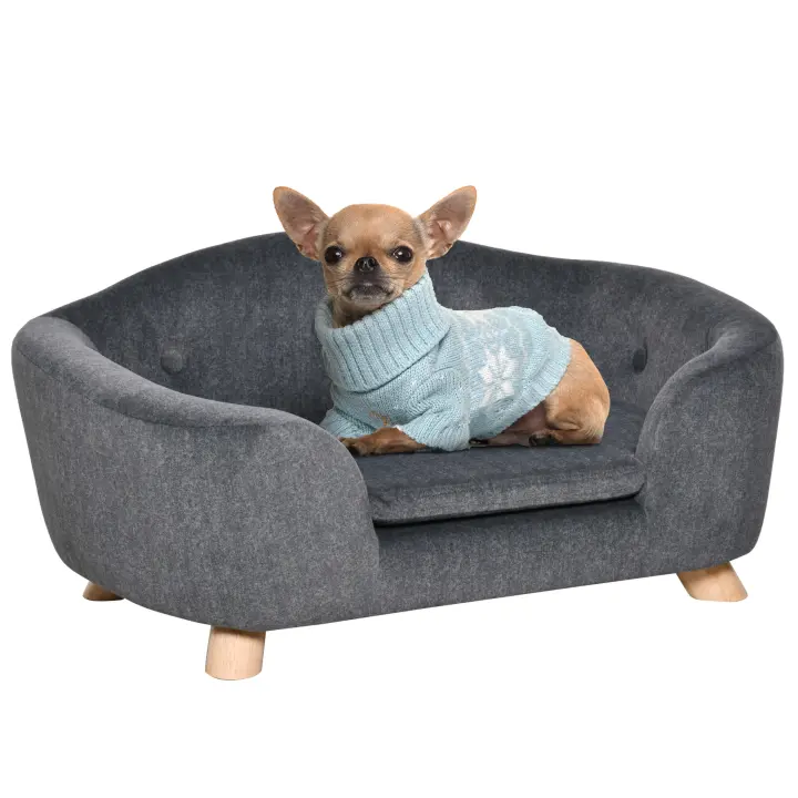 PawHut Sofá para Mascotas Alfombra para Perros Cama para Perros Sofá para Perros Sofá para Perros Sofá para Gatos con Cojín Bolsillo Trasero Espuma de Felpa Madera de Pino Gris Oscuro 70 x 47 x 30 cm - 1