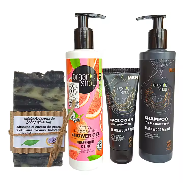 Pack Ahorro Hombre. Crema Facial, Champú Nutritivo, Jabón Artesanal de Lodos Marinos* y Gel Hidratante de Pomelo. Apto para todo tipo de Pieles. PumarShop Cinnia Natura - 1