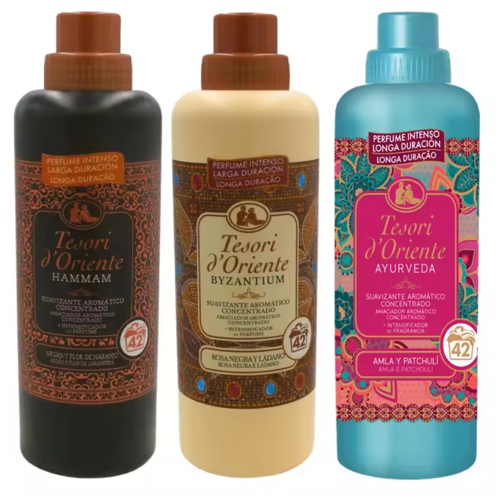 Pack de 3 Suavizantes Tesori d'Oriente – Prueba los 3 Aromas Exquisitos: Byzantium con Rosa Negra y Ládano 760ml, Hammam con Argán y Flor de Naranjo 760ml, y Ayurveda con Amla y Patchouli 670ml. Fragancias Intensas y Duraderas aromatica - 1
