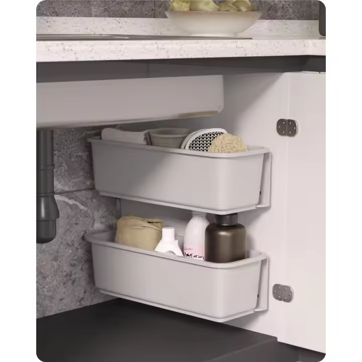 Organizadores de cocina extraíbles de 2 piezas, conos de respiración de plástico deslizantes, cesta organizadora deslizante para fregadero Debo binet (blanco) - 1