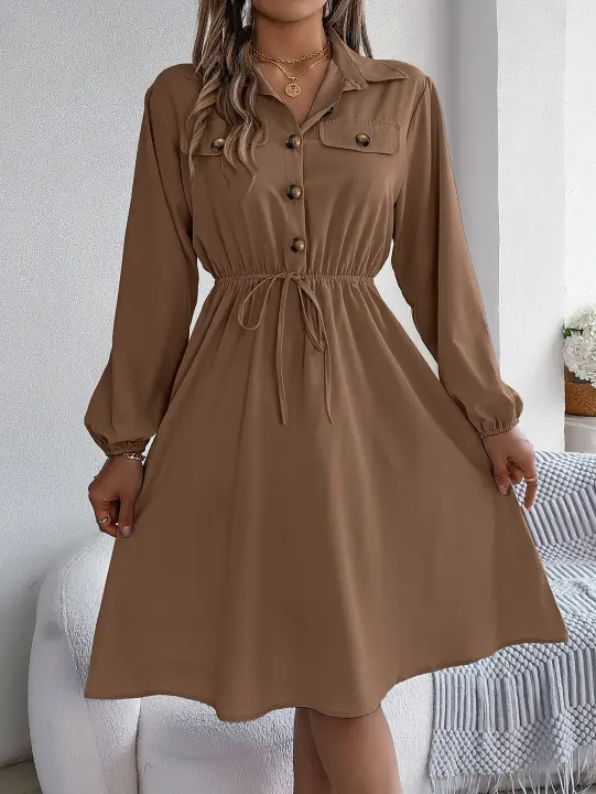 Vestido De Otoño Invierno Para Mujer Casual Color Sólido Con Botones Cuello En V Manga Larga Vestido De Camisa A-Line Longitud De Rodilla - 1