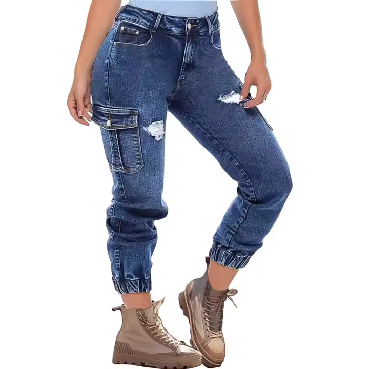 Jeans De Mujer Destrozados Con Estiramiento Y Cierre Elástico Pantalones Cargo Casual Con Multípocket De Cintura Media Y Pierna Delgada T16 - 1