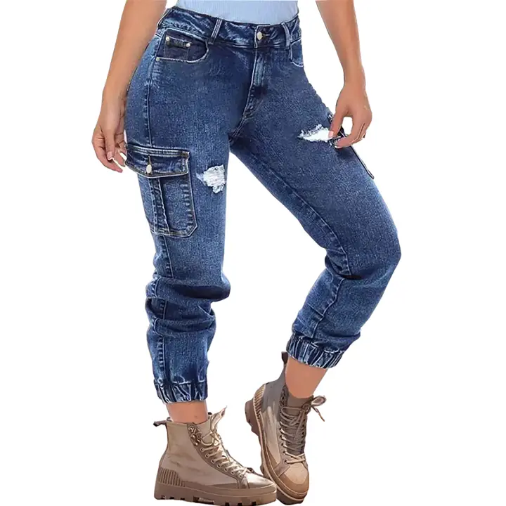 Jeans De Mujer Destrozados Con Estiramiento Y Cierre Elástico Pantalones Cargo Casual Con Multípocket De Cintura Media Y Pierna Delgada T16 - 1