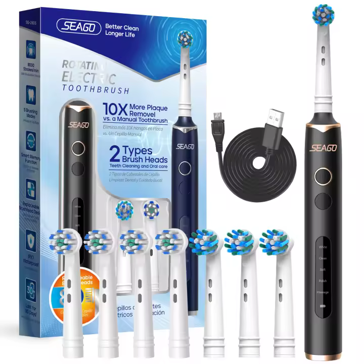 Cepillo De Dientes Eléctrico Recargable Seago Con 8 Cabezas De Cepillo Rotación 5 Modos Tiempo Inteligente Portátil Para Adultos - 1