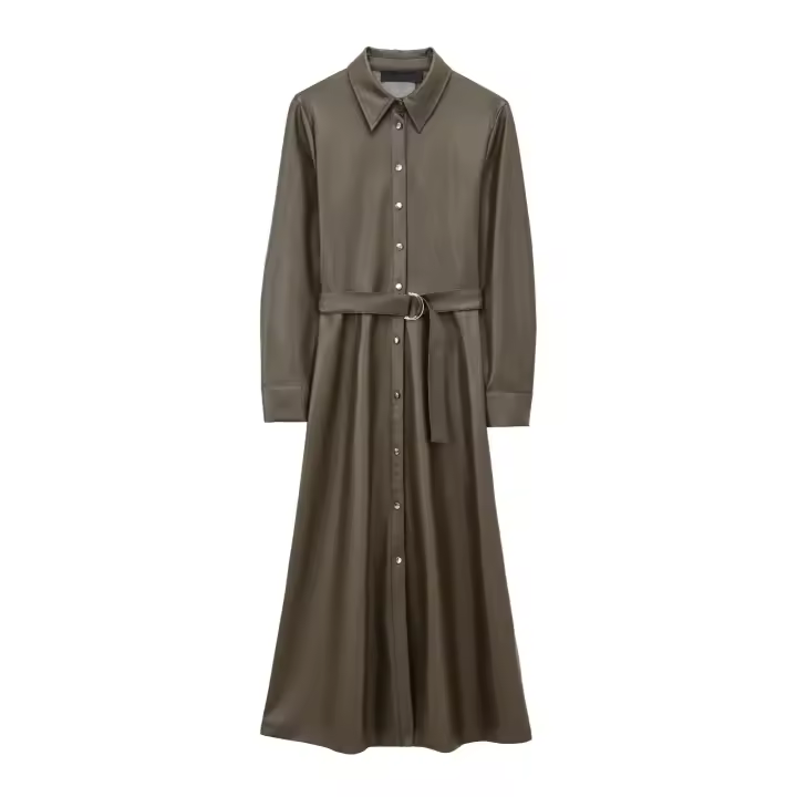 New Women Autumn Winter Faux Leather Shirt Dress Long Sleeve Lapel Collar With Belt A-line Midi Dresses High Street Vestidos - 1