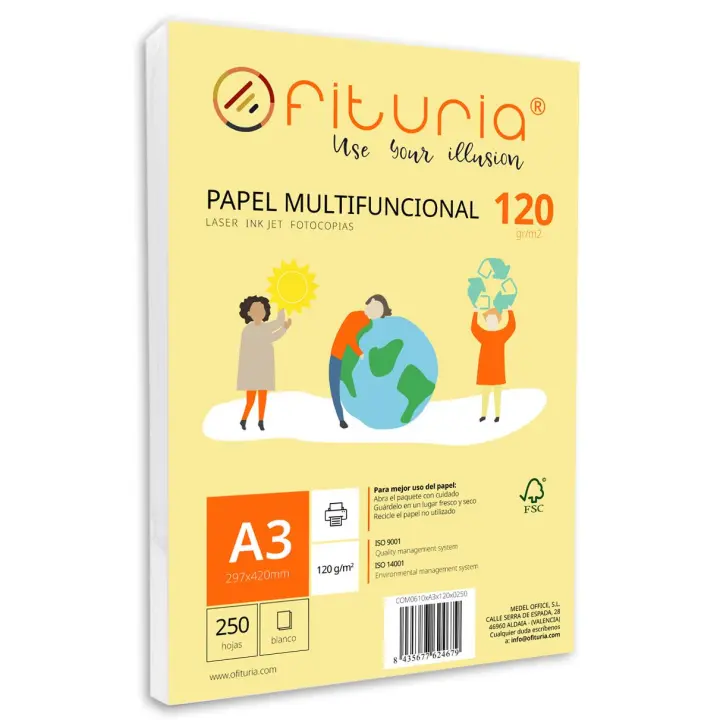 Paquete de folios A3 de 120gr con 250 Hojas Blancas, Papel Multifuncional para Uso Escolar y Entornos Laborales. Ideal con impresoras láser, de inyección o fotocopiadoras - Ofituria - 1