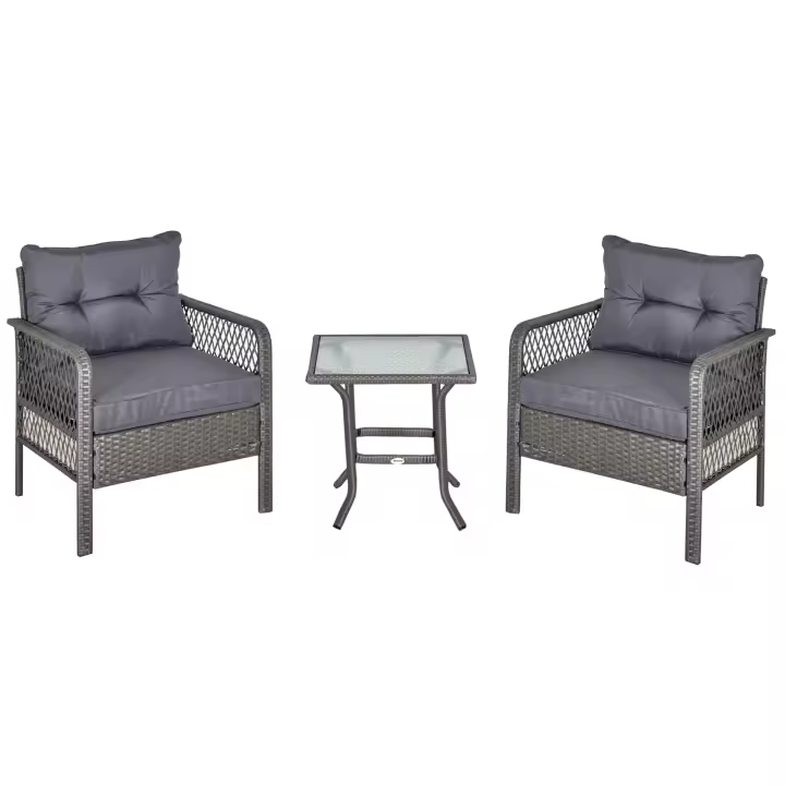 Outsunny Conjunto de Muebles de Ratán 3 Piezas de Jardín con 2 Sillones 65x66x75 cm y Mesa de Vidrio Templado 50x50x50 cm con Cojines Acolchados para Terraza Patio Exterior Gris - 1
