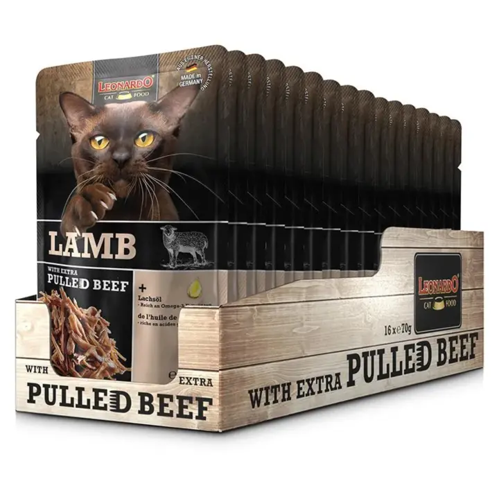 Leonardo Pulled Beef Sobres de Paté Combinado con Carne Desmenuzada - Comida Húmeda para Gatos (packs de 16 sobres x 70gr) - ¡Alimenta a tu gato con deliciosa y nutritiva comida húmeda! - 1