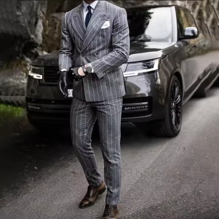 Traje Clásico Para Hombre Con Rayas Formal Boda Negocios Prom Moda Traje De Dos Piezas Slim Fit Chaqueta Y Pantalones - 1