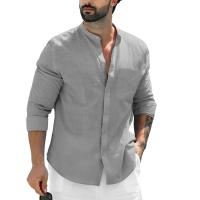 Camisa De Lino Para Hombre De Color Sólido Con Cuello Erguido Casual Cotton Manga Larga Botones Abiertos Estilo Beach - details 3