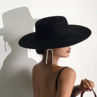 Sombrero De Paja Negra Para Mujer Estilo Clásico Y Moderno Fedora Formal Con Ala Ancha Sombrero Derby Plano Para Iglesia - details 0