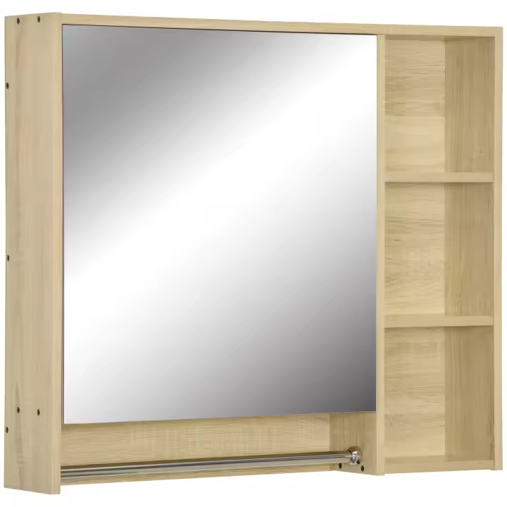 kleankin Mueble de baño con espejo, mueble de baño de pared, espejo de baño con almacenaje, toallero, 3 huecos, armario y balda regulable, 80x15x90 cm natural - 1
