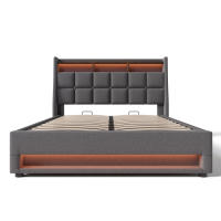 Cama tapizada con USB 140x200 cm, Cama Doble LED, somier de metal, somier de Material de Lino Cama Juvenil (sin colchón) - details 1