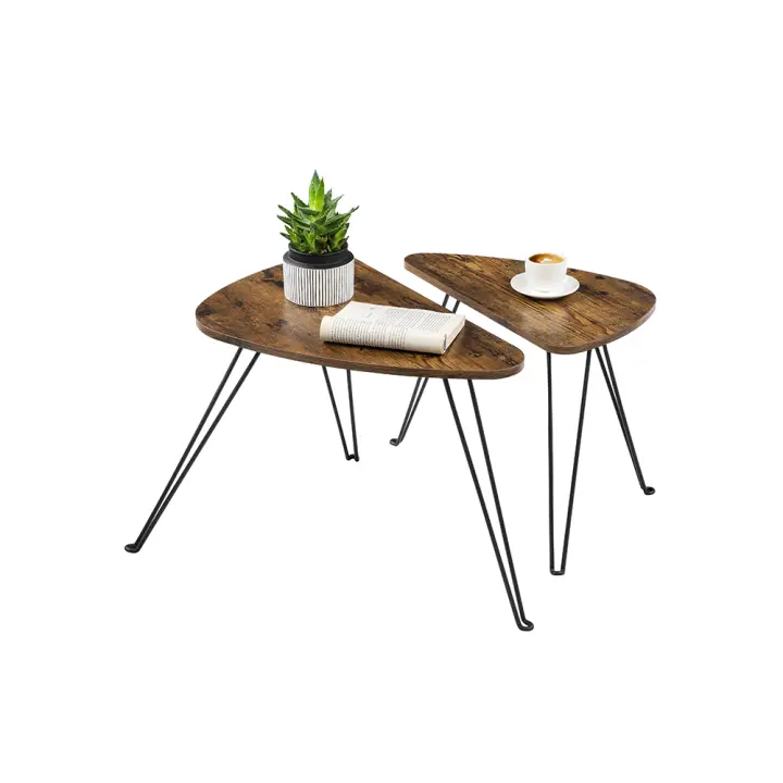 Juego de 2 mesas auxiliares de nido, estilo industrial, para salón, comedor y dormitorio, marrón rústico y negro - 1