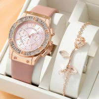 Reloj De Cuarzo Para Mujer 2PCS Set Rosa Lujo Con Rhinestone Y Pulsera De Cristal Reloj De Mano De Moda Y Casual Con Cierre De Hebilla - details 0