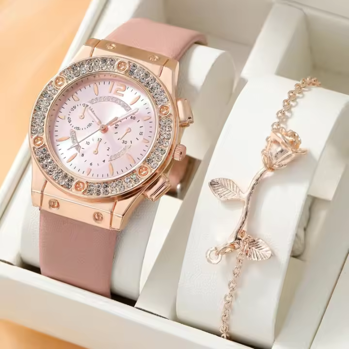Reloj De Cuarzo Para Mujer 2PCS Set Rosa Lujo Con Rhinestone Y Pulsera De Cristal Reloj De Mano De Moda Y Casual Con Cierre De Hebilla - 1