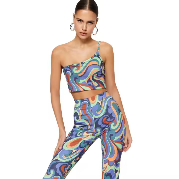Trendyol Limited Edition Blue Printed One-Shoulder Strap Fitted Asymmetrical Collar Crop Knitted Blouse Twoss23Bz00504 - 1