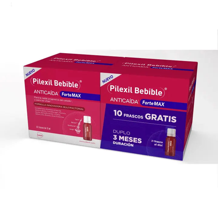 PILEXIL - Bebibles Anticaída Forte Max 2 uds x 45 Frascos de 15 ml, Complemento Alimenticio, para Caída Progresiva del Cabello y Uñas, con Vitaminas y Minerales, para Hombres y Mujeres - 1