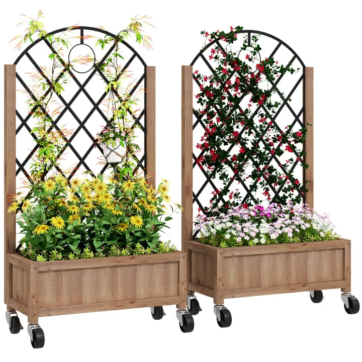 Outsunny Juego de 2 Jardineras de Exterior Jardineras con Enrejado Metálico para Plantas Trepadoras Maceteros con Ruedas para Jardín Patio 52x25x97 cm Natural - 1