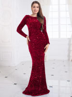 Vestido De Noche Largo En Rojo Real Con Lentejuelas Y Ajuste Corporal Manga Larga Estilo Mermaid Para Fiesta Vestido Sexy Y Club - details 9