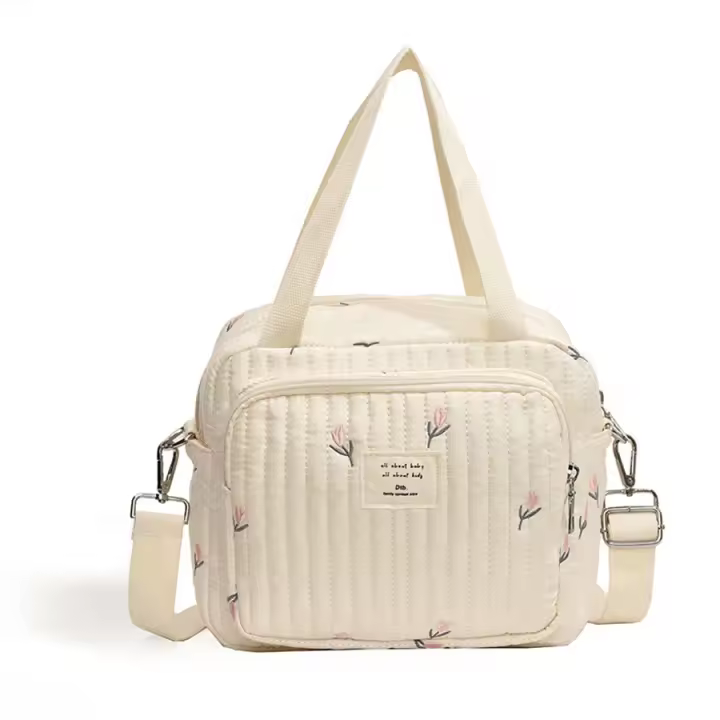 Bolso De Diaper Para Bebé Con Patrón De Oso Y Flores En Algodón Beige Con Cierre De Cremallera Estilo HOBO Bolsa De Equipaje - 1