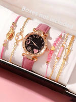 Reloj De Cuarzo Para Mujer 6PCS Moda Lujo Pulsera De Cuero Rosa Estilo Analogico Conjunto De Reloj Y Pulsera De Mujer - details 0