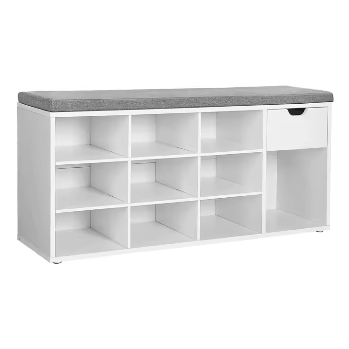 Banco para zapatos con asiento acolchado, cajón y compartimentos abiertos, para entrada y dormitorio, blanco, 104x30x48 cm - 1