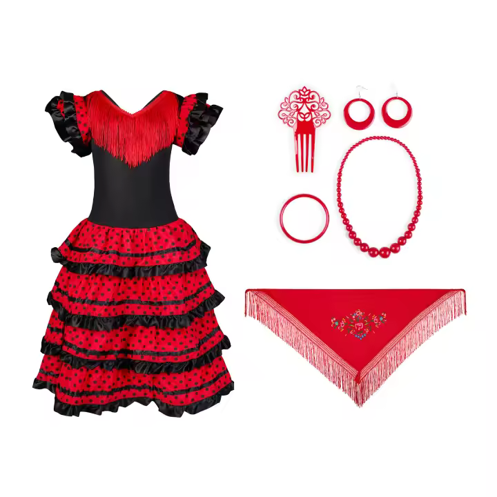 Vestido Flamenco Mujer Niña+Peineta+Collar+Pulsera+Pendientes+ mantón rojo flor , Vestido Sevillanas Español Tradicional para Feria Abril Sevilla Actuaciones Baile - 1