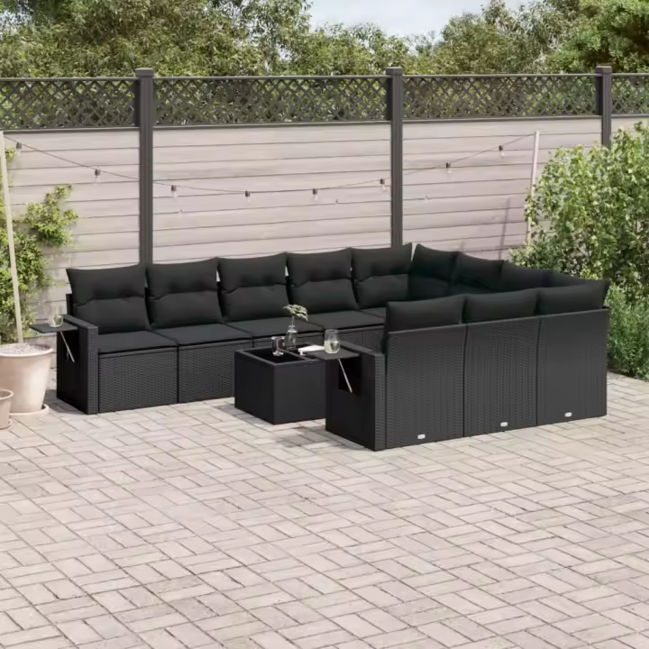 vidaXL Set de sofás de jardín 11 pzas y cojines ratán sintético negro - 1
