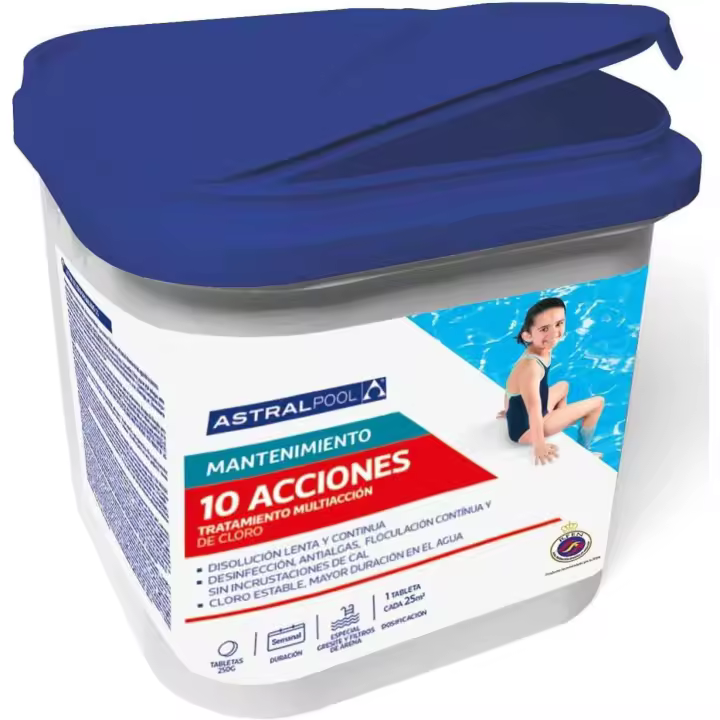 Cloro10 Acciones ASTRALPOOL de Disolución Lenta y Continua - Tratamiento Multiacción 5kg - Ideal para Gresites y Filtros de Arena - Tratamiento de Agua para Piscinas y Spas - 1