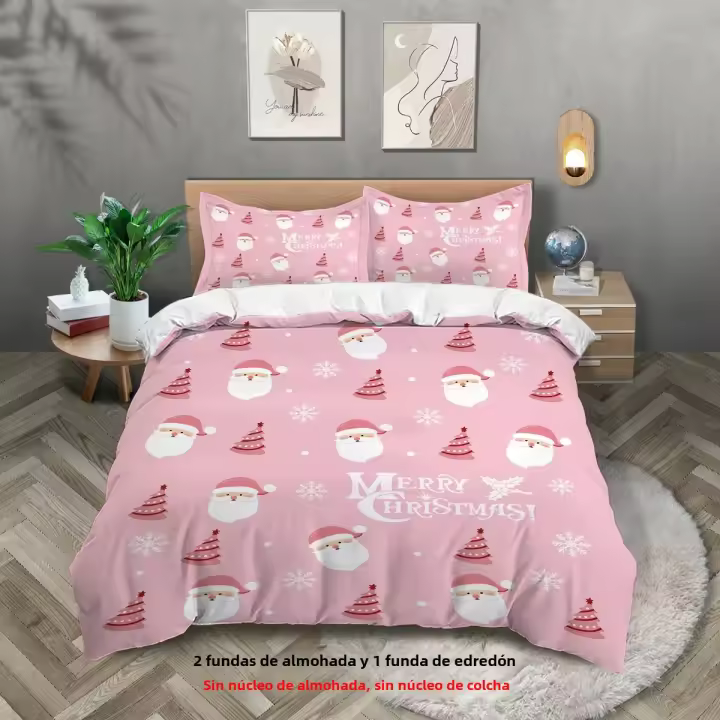 Juego De Cama Navideño 3 Piezas Con Estampado De Santa Rosa Y Rosas En Color Rosa Suave Y Cómodo Conjunto De Edredón Y Almohadas - 1