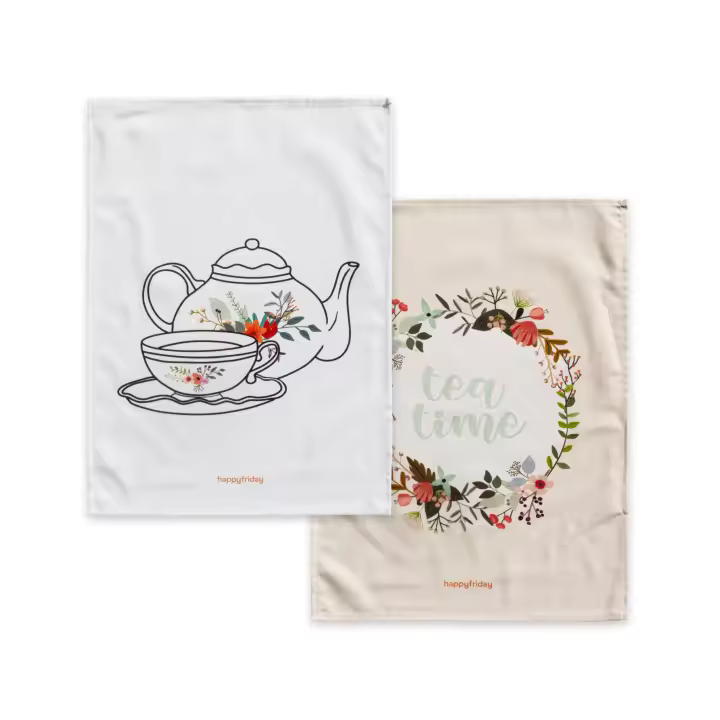 Happyfriday- Time to tea Paño de cocina 2 ud 70x50 cm, Paños de cocina 100% Algodón, calidad de 200 Gr x m2, Fabricado en España - 1