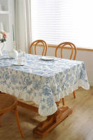 Mantel De Porcelana Azul Y Blanco Con Bordado En Algodón 100% Resistente Al Agua Y Aceite Con Borde De Hoja De Loto - details 6