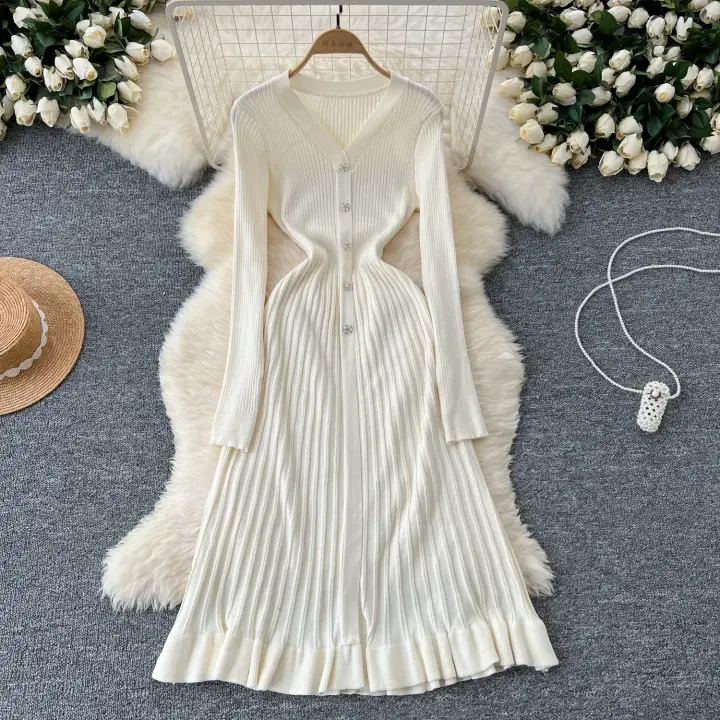 Vestido Largo Maxi Rosa Francés De Moda Con Volantes Y Cuello En V Para Mujer Abrigo De Invierno Estilo Oficina Lady - 1