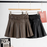 Falda Corta De Cuero PU Retro Estadounidense Para Mujer Alta Cintura Pleated A-Line Estilo Francés Para Pequeñas Otoño 2024 - details 4