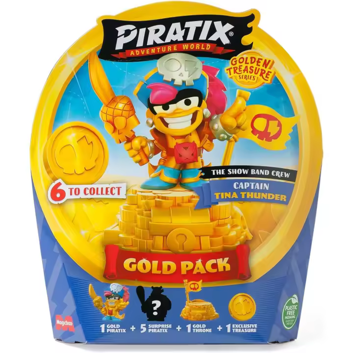 PIRATIX ADVENTURE WORLD Serie Golden Treasure, Incluye 5 Piratix Sorpresa, 1 Tesoro Exclusivo, 1 Bandera Exclusiva, 1 Podio, 6 Accesorios y el Capitán Dorado - 1