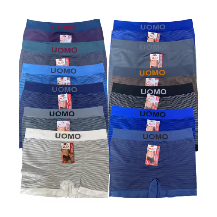 Pack de 12 Calzoncillos Boxer UOMO Talla S-M-L-XL-XXL-XXXL Sin Costuras Ropa Interior Slip Hombre Sexy Calzones Bombacho Pantalones Cortos Calzón. Surtido de Colores a Rayas, Poliéster (El Color Puede Variar) - 1