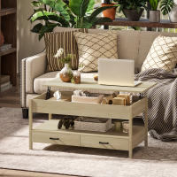 HOMCOM Mesa de Centro Elevable Mesa de Café con Encimera Elevable Espacio Oculto de Almacenaje Cajones y Estante Abierto 100x50x48-62 cm Roble - details 1