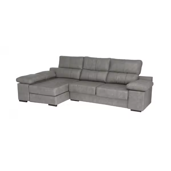 Chaiselongue cama modelo Huesca con arcón abatible ancho de 290cm. Cama extraíble. Puffs en el brazo. Tela de microfibra en colores cemento y piedra. - 1