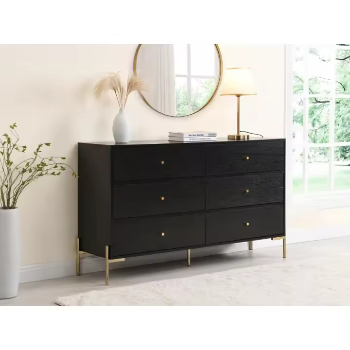 Vente-unique - Cómoda 6 cajones - MDF y metal - Negro y dorado - MILAVIA de Pascal Morabito - 1