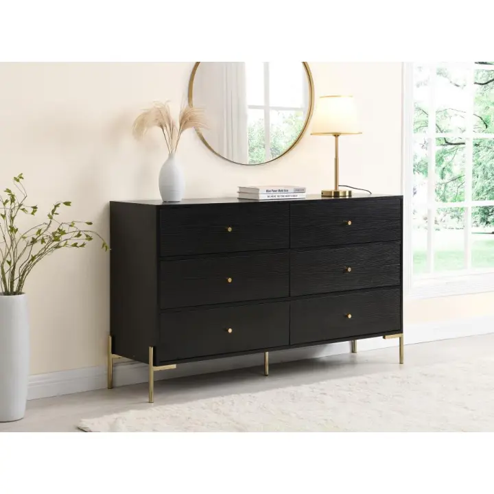 Vente-unique - Cómoda 6 cajones - MDF y metal - Negro y dorado - MILAVIA de Pascal Morabito - 1