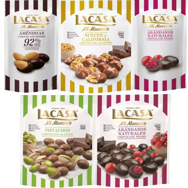 Lacasa Mi Momento pack de 5:Arándano Chocolate Negro ,Almendra 92% ,Arándano Chocolate Negro ,Nueces Chocolate Leche ,Pistacho Chocolate Leche - 1