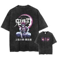 Camiseta Vintage Lavada Anime Demon Slayer Para Hombres Harajuku Oversize Tee Algodón Moda Streetwear Unisex Tops - details 3